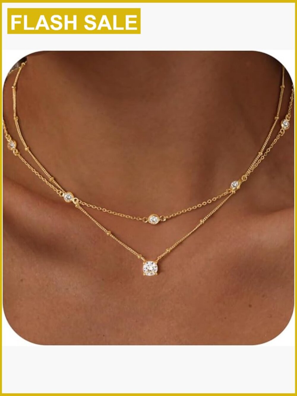 Layered Pendant Necklace Set with Cubic Zirconia - Dainty Satellite Chain Choker